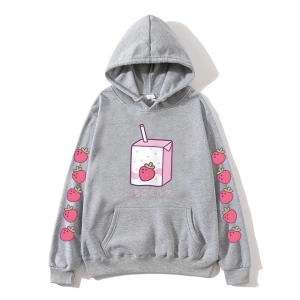Gri Çilek Süt KarikatürHoodies Kawaii için