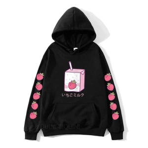 Gri Çilek Süt KarikatürHoodies Kawaii için