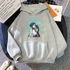 Gri Genshin darbe Xiao serinsıcak oyun Hoodies kanguru artı boyutu tişör