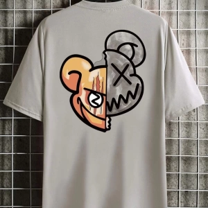 Gri Men Cartoon Baskılı Bisiklet Yaka Tshirt