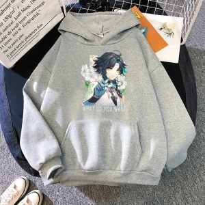 Gri Sıcak oyun Anime Hoodie yaıklı XiaoGenshin darbe Punk i büyük boy kaz