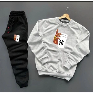 Gri ve Siyah Bardak Dijital Baskılı Kışlık UNİSEX Eşofman Takımı