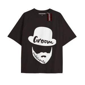 GROOM BACHELOR PARTY Unisex Oversize Yazılı Tshirt SİYAH