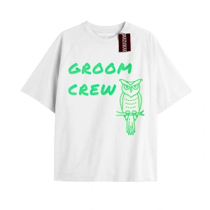 GROOM CREW Unisex Oversize Yazılı Tshirt BEYAZ