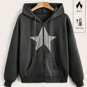 Grunge Punk Düz Renk Fermuarlı Yıldız Baskılı Kapüşonlu Sweatshirt Model 5157