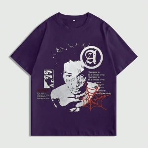Grunge Punk Erkek Portre Ve Slogan Baskılı Kısa Kollu Tişört, Okul