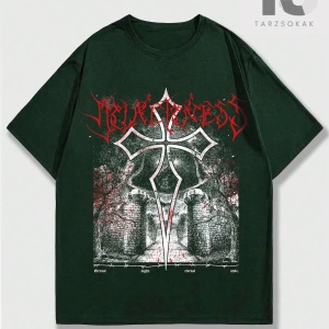 Grunge Punk Erkek Yeşil Yuvarlak Yaka Baskılı T-Shirt
