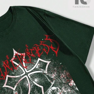 Grunge Punk Erkek Yeşil Yuvarlak Yaka Baskılı T-Shirt