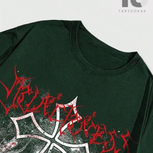 Grunge Punk Erkek Yeşil Yuvarlak Yaka Baskılı T-Shirt