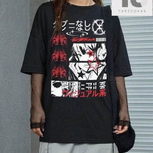 Grunge Punk Kadın Japon Anime Karakter Baskılı Kısa Kollu Tişört