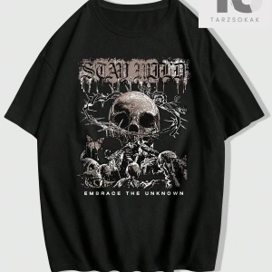 Grunge Punk Kafatası Baskılı Erkek Günlük Yuvarlak Yaka Tişört