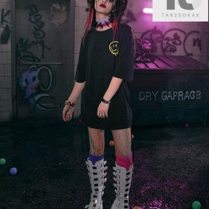 Grunge Punk Mektup Kafatası Grafikli Tişört