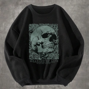 Grunge Punk Skull & Letter Graphic Sweatshirt Siyah