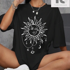 Güneş ve Ay Desenli Düşük Omuz Oversize Tişört