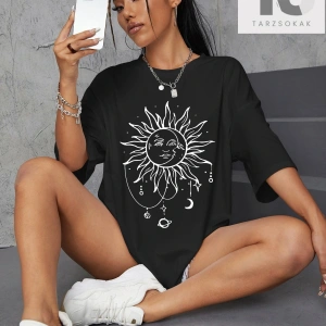 Güneş ve Ay Desenli Düşük Omuz Oversize Tişört