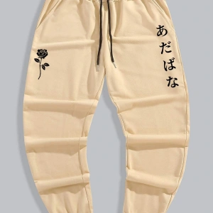 Guys Japanese Letter & Floral Print Drawstring Waist Eşofman Altı