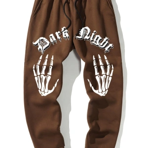 Guys Letter & Skeleton Print Thermal Drawstring Waist Eşofman Altı