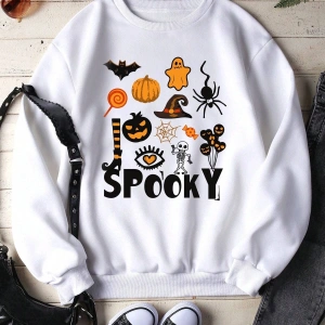 Halloween Print Lined Sweatshirt Beyaz