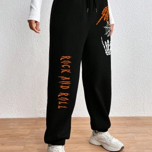 Halloween Skeleton Hand & Letter Graphic Drawstring Waist 4 Mevsim Eşofman