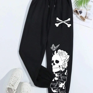 Halloween Skull Print Drawstring Waist 4 Mevsim Eşofman
