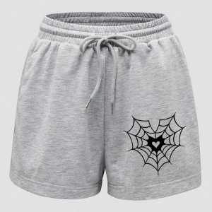 Halloween Spider Web & Heart Print Drawstring Waist Şort