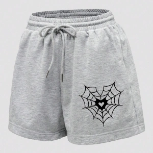 Halloween Spider Web & Heart Print Drawstring Waist Şort