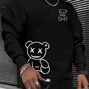 Happy Bear Oversize Bisiklet Yaka Pamuklu Sweatshirt Siyah