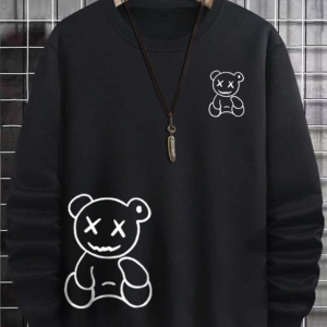 Happy Bear Oversize Bisiklet Yaka Pamuklu Sweatshirt Siyah