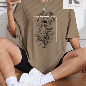 Harf Grafikli Düşük Omuzlu Tişört