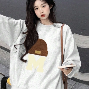 Harfli Grafik Düşük Omuz Oversize Sweat Gri