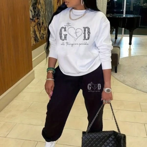 Harfli Grafik Düşük Omuz Sweatshirt ve Eşofman Altı
