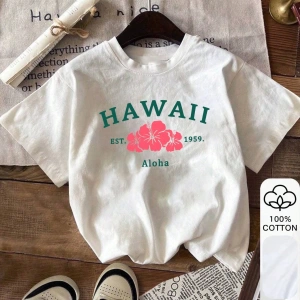 HAWAII & Çiçek Desenli, Yazlık Kadın %100 Pamuklu Kısa Kollu, Beyaz Kısa Kollu, Grafik Tişört