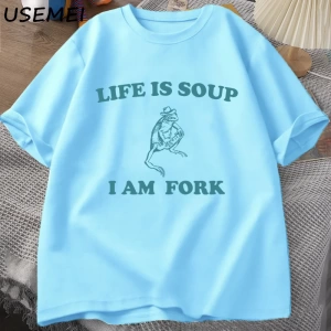 Hayat Çorba Ben Çatal Kurbağa Grafik T Shirt Pamuk Unisex Komik Retro T-Shirt Yaz Hayvan Bask 2803