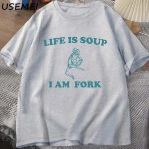 Hayat Çorba Ben Çatal Kurbağa Grafik T Shirt Pamuk Unisex Komik Retro T-Shirt Yaz Hayvan Bask 2803
