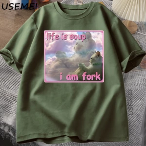 Hayat Çorba Ben Çatal T Shirt Erkekler Kadınlar için Komik Kedi Baskılı T-shirt Çirkin Aptal  2945