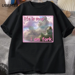 Hayat Çorba Ben Çatal T Shirt Erkekler Kadınlar için Komik Kedi Baskılı T-shirt Çirkin Aptal  2945