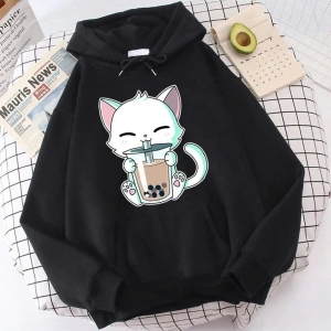 Hayvanlar Boba Çayı Hoodies Sevimli Kedi Kapşonlu 15109 Siyah