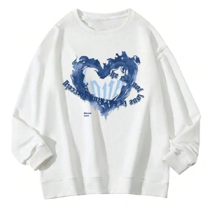 Heart Pattern Drop Shoulder Pullover Beyaz
