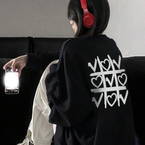 Heart Pattern Drop Shoulder Pullover Siyah