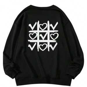 Heart Pattern Drop Shoulder Pullover Siyah