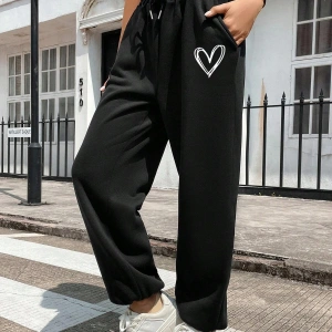 Heart Print Drawstring Waist 4 Mevsim Eşofman