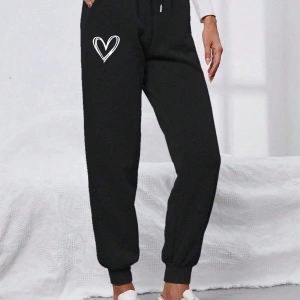 Heart Print Drawstring Waist 4 Mevsim Eşofman