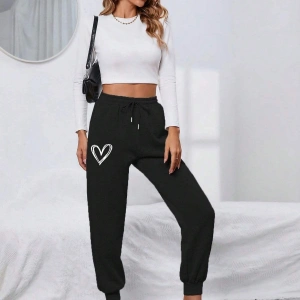 Heart Print Drawstring Waist 4 Mevsim Eşofman
