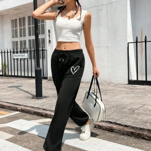 Heart Print Drawstring Waist 4 Mevsim Eşofman