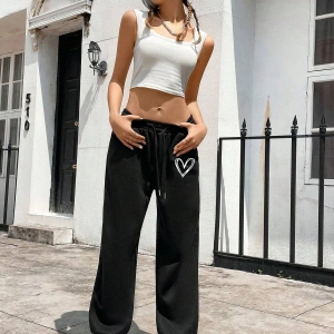 Heart Print Drawstring Waist 4 Mevsim Eşofman