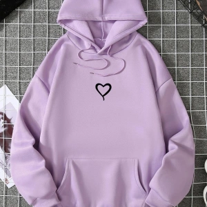 Heart Print Kangaroo Pocket Drawstring Lined Hoodie Mor