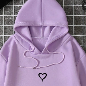 Heart Print Kangaroo Pocket Drawstring Lined Hoodie Mor