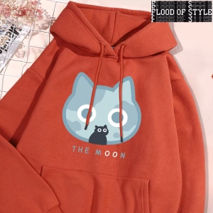 Hip Hop Harajuku Vintage Tarzı  Ay Mavi Kedi Eğlenceli Baskı  Gri