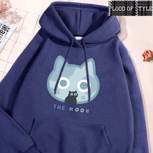 Hip Hop Harajuku Vintage Tarzı  Ay Mavi Kedi Eğlenceli Baskı  Gri