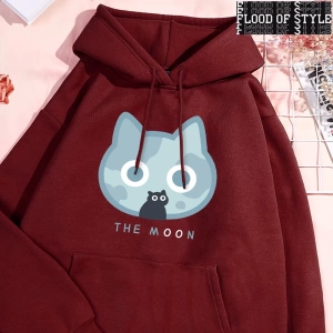 Hip Hop Harajuku Vintage Tarzı  Ay Mavi Kedi Eğlenceli Baskı  Gri